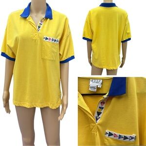 Vintage 80s Russ Studio Yellow Blue Pocket Polo Shirt Printed Trim Womens Large